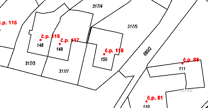 Cerekvice nad Loučnou 118 na parcele st. 150 v KÚ Cerekvice nad Loučnou, Katastrální mapa
