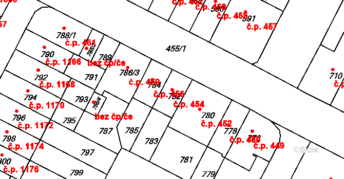 Černá Pole 454, Brno na parcele st. 782 v KÚ Černá Pole, Katastrální mapa