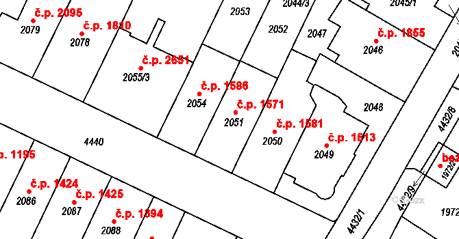 Teplice 1571 na parcele st. 2051 v KÚ Teplice, Katastrální mapa