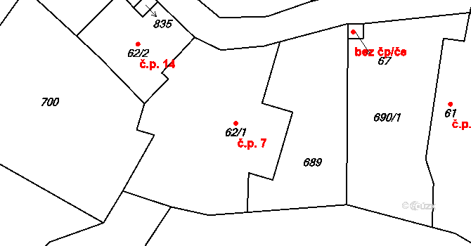 Ostrý 7, Stránka na parcele st. 62/1 v KÚ Ostrý, Katastrální mapa