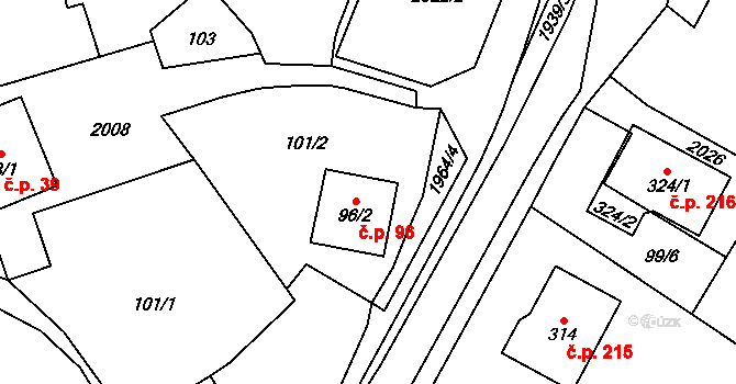 Kunovice 96 na parcele st. 96/2 v KÚ Kunovice, Katastrální mapa