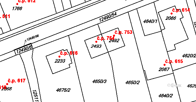 Nový Hrozenkov 754 na parcele st. 2493 v KÚ Nový Hrozenkov, Katastrální mapa