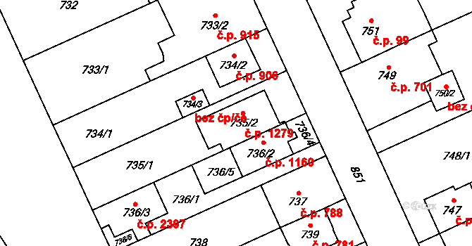 Chodov 1279, Praha na parcele st. 735/2 v KÚ Chodov, Katastrální mapa
