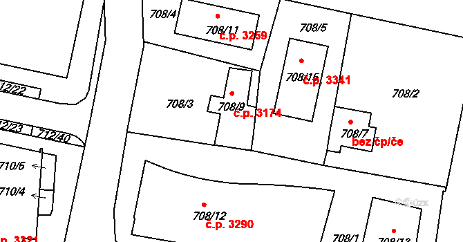 Záběhlice 3174, Praha na parcele st. 708/9 v KÚ Záběhlice, Katastrální mapa