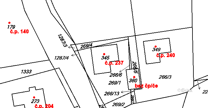 Hrádek 237 na parcele st. 345 v KÚ Hrádek u Sušice, Katastrální mapa