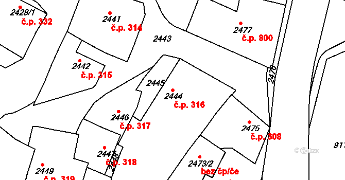 Jemnice 316 na parcele st. 2444 v KÚ Jemnice, Katastrální mapa
