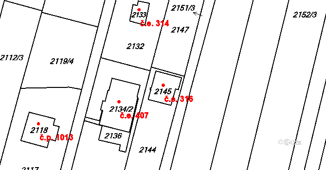 Dobřichovice 316 na parcele st. 2145 v KÚ Dobřichovice, Katastrální mapa