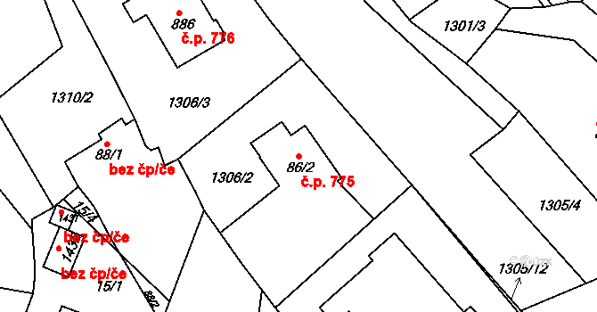 Luhačovice 775 na parcele st. 86/2 v KÚ Luhačovice, Katastrální mapa