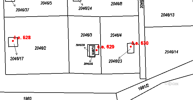 Lutyně 629, Orlová na parcele st. 2046/15 v KÚ Horní Lutyně, Katastrální mapa