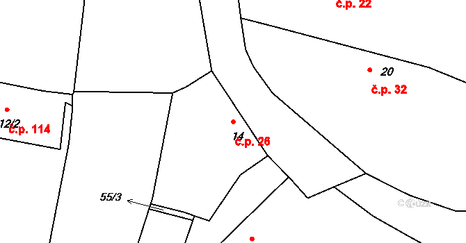 Borkovice 26 na parcele st. 14 v KÚ Borkovice, Katastrální mapa