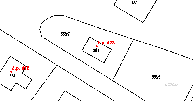 Minkovice 423, Šimonovice na parcele st. 381 v KÚ Minkovice, Katastrální mapa