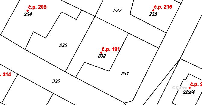 Senec 191, Zruč-Senec na parcele st. 232 v KÚ Senec u Plzně, Katastrální mapa