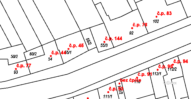 Dřevnovice 144 na parcele st. 55/3 v KÚ Dřevnovice, Katastrální mapa