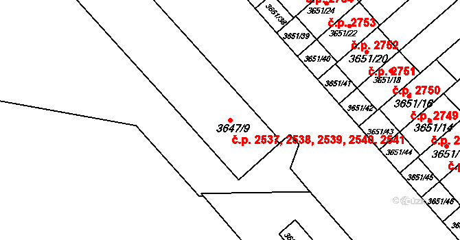 Znojmo 2537,2538,2539,2540, na parcele st. 3647/9 v KÚ Znojmo-město, Katastrální mapa