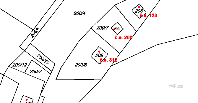 Hostěradice 312, Kamenný Přívoz na parcele st. 205 v KÚ Hostěradice, Katastrální mapa