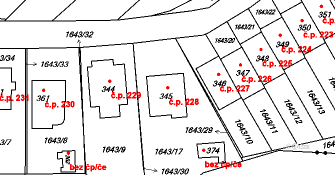 Břilice 228, Třeboň na parcele st. 345 v KÚ Břilice, Katastrální mapa