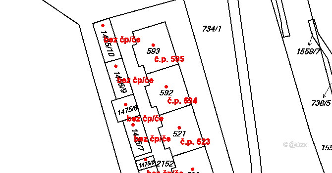 Úpice 594 na parcele st. 592 v KÚ Úpice, Katastrální mapa