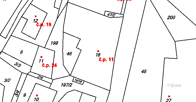 Stříhanov 11, Zádolí na parcele st. 16 v KÚ Stříhanov, Katastrální mapa