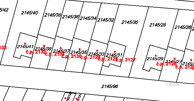 Horní Počernice 2128, Praha na parcele st. 2145/33 v KÚ Horní Počernice, Katastrální mapa