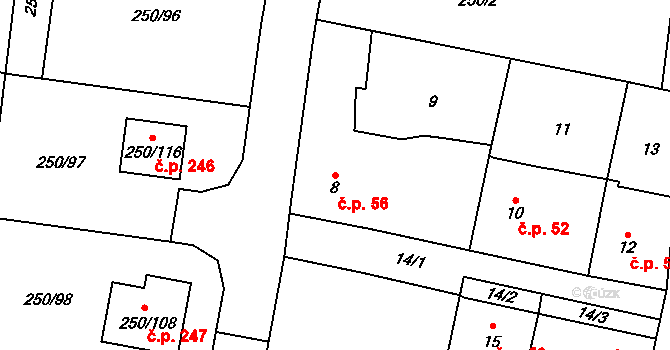 Zahořany 56, Králův Dvůr na parcele st. 8 v KÚ Zahořany u Berouna, Katastrální mapa