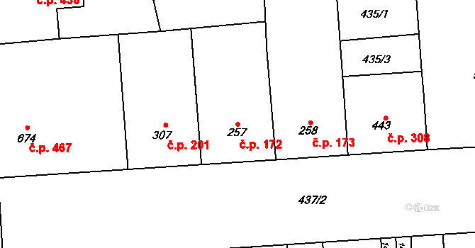 Hodolany 172, Olomouc na parcele st. 257 v KÚ Hodolany, Katastrální mapa
