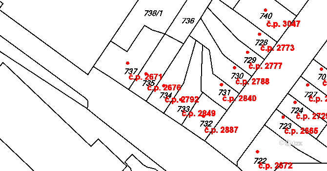 Chomutov 2792 na parcele st. 734 v KÚ Chomutov II, Katastrální mapa