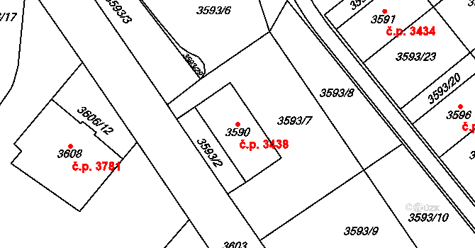 Chomutov 3438 na parcele st. 3590 v KÚ Chomutov I, Katastrální mapa