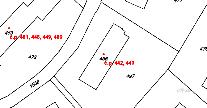 Zbýšov 442,443 na parcele st. 496 v KÚ Zbýšov u Oslavan, Katastrální mapa