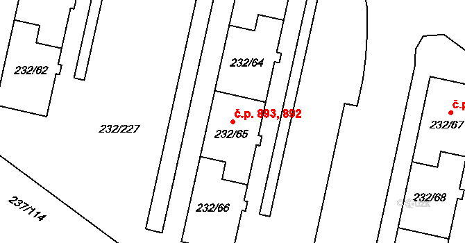 Lobzy 892,893, Plzeň na parcele st. 232/66 v KÚ Lobzy, Katastrální mapa