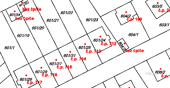 Černice 713, Plzeň na parcele st. 601/25 v KÚ Hradiště u Plzně, Katastrální mapa