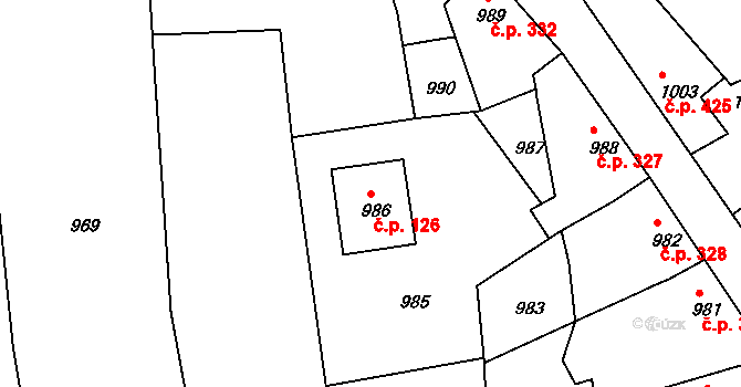 Týnec nad Labem 126 na parcele st. 986 v KÚ Týnec nad Labem, Katastrální mapa
