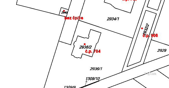 Žebětín 704, Brno na parcele st. 2936/2 v KÚ Žebětín, Katastrální mapa
