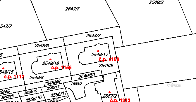 Komín 1156, Brno na parcele st. 2549/17 v KÚ Komín, Katastrální mapa