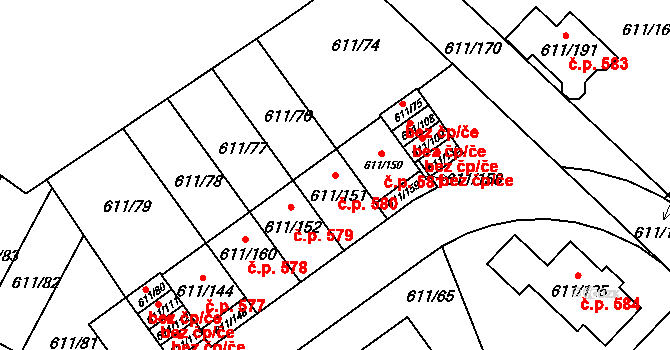 Srubec 580 na parcele st. 611/151 v KÚ Srubec, Katastrální mapa