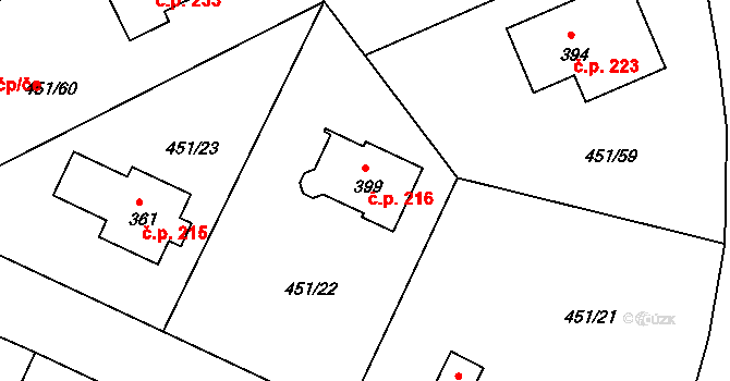 Malonty 216 na parcele st. 399 v KÚ Malonty, Katastrální mapa