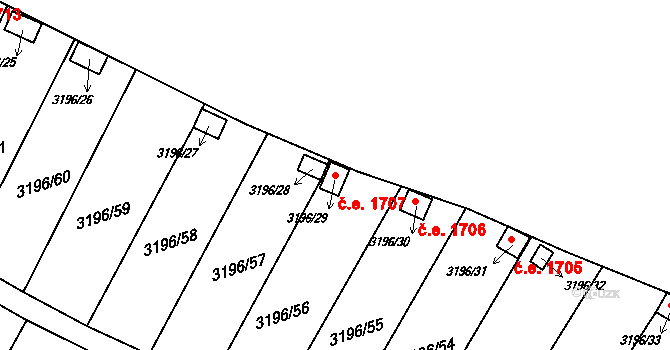 Kadaň 1707 na parcele st. 3196/29 v KÚ Kadaň, Katastrální mapa