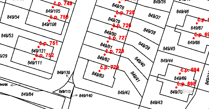 Výškovice 728, Ostrava na parcele st. 849/82 v KÚ Výškovice u Ostravy, Katastrální mapa