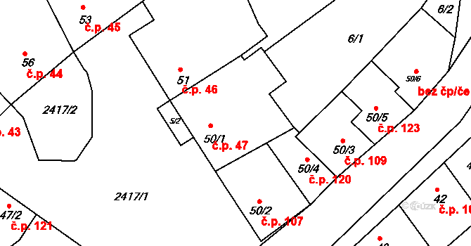Vážany 47 na parcele st. 50/1 v KÚ Vážany u Vyškova, Katastrální mapa