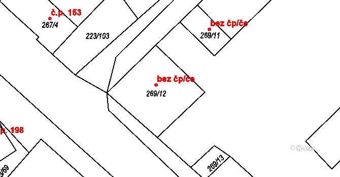 Branišovice 38726769 na parcele st. 269/12 v KÚ Branišovice, Katastrální mapa