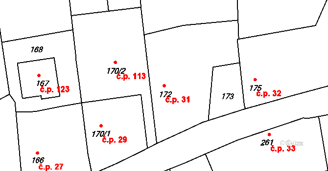 Těškovice 31 na parcele st. 172/1 v KÚ Těškovice, Katastrální mapa