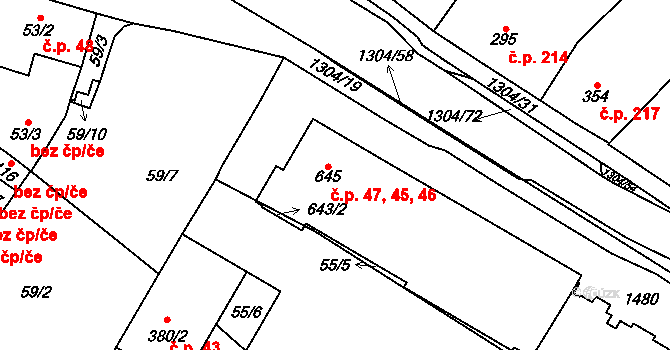 Brandýs nad Orlicí 45,46,47 na parcele st. 645 v KÚ Brandýs nad Orlicí, Katastrální mapa