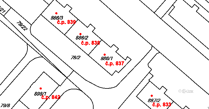 Neratovice 837 na parcele st. 886/1 v KÚ Neratovice, Katastrální mapa