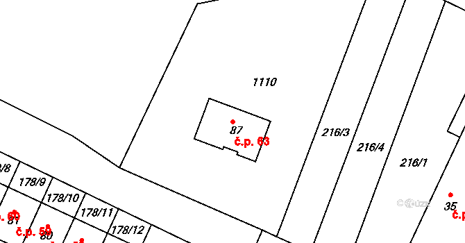 Krajníčko 63 na parcele st. 87 v KÚ Krajníčko, Katastrální mapa