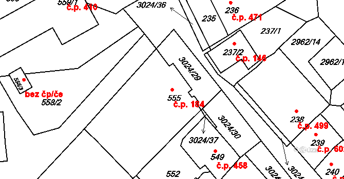 Štramberk 184 na parcele st. 555 v KÚ Štramberk, Katastrální mapa