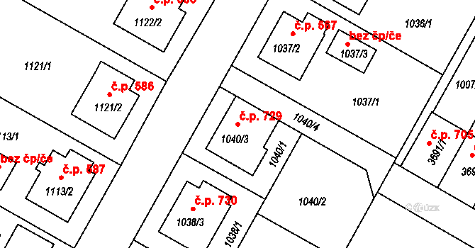 Kamenice nad Lipou 729 na parcele st. 1040/3 v KÚ Kamenice nad Lipou, Katastrální mapa