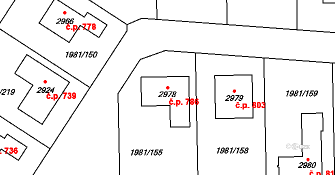 Litice 786, Plzeň na parcele st. 2978 v KÚ Litice u Plzně, Katastrální mapa