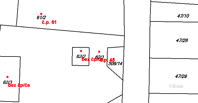 Radíčeves 45, Žatec na parcele st. 62/1 v KÚ Radíčeves, Katastrální mapa