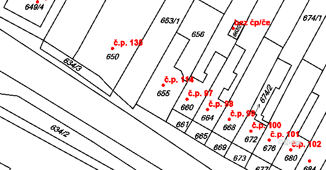 Rychlov 114, Bystřice pod Hostýnem na parcele st. 655 v KÚ Rychlov u Bystřice pod Hostýnem, Katastrální mapa