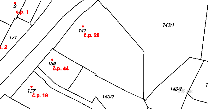 Lutotín 20, Bílovice-Lutotín na parcele st. 141 v KÚ Lutotín, Katastrální mapa
