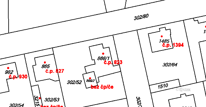 Brandýs nad Labem 823, Brandýs nad Labem-Stará Boleslav na parcele st. 866/1 v KÚ Brandýs nad Labem, Katastrální mapa